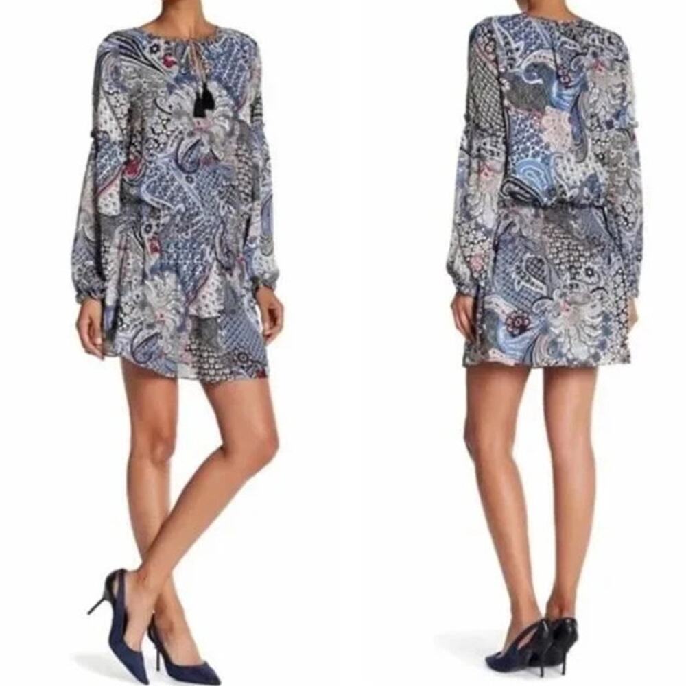 Parker Argentella Mini Dress Womens XS Black Blue Paisley Smocked Artsy Bohemian